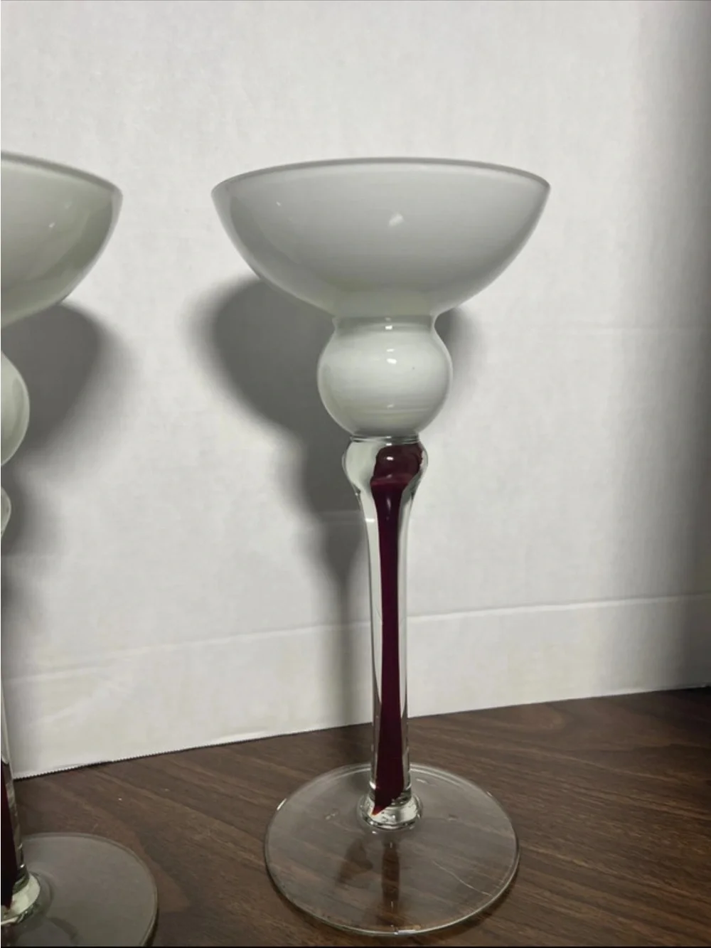 White Glass Candle Holders with Burgundy Stem - Home Accents